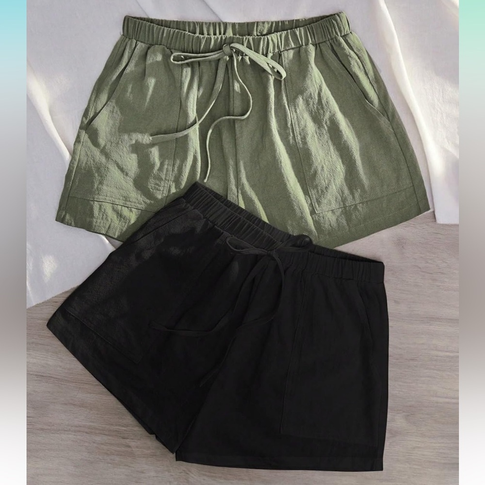 NWOT Women's Mid-Rise Short 2 Pack Solid Elastic Waist,Tie Waist Slant Pockets